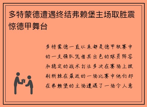 多特蒙德遭遇终结弗赖堡主场取胜震惊德甲舞台